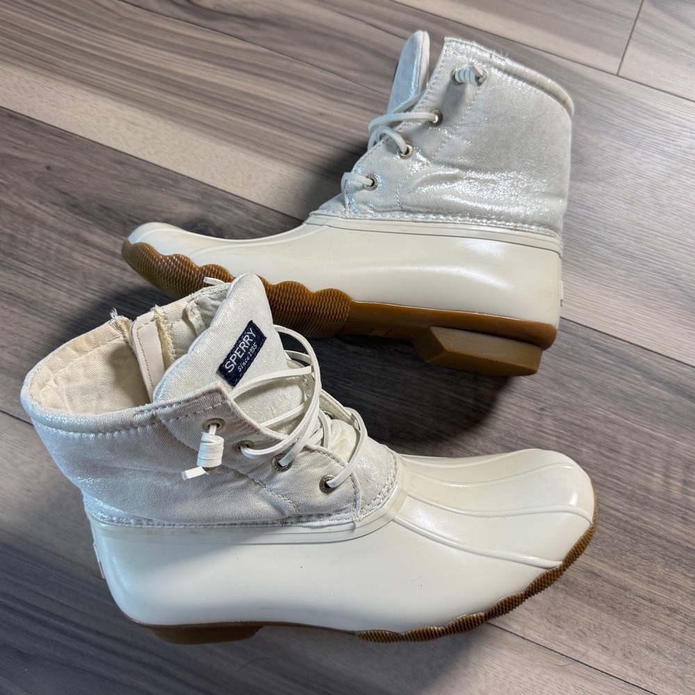 Sperry Saltwater Ivory White Shimmer Duck Boots STS165447 Women 6M